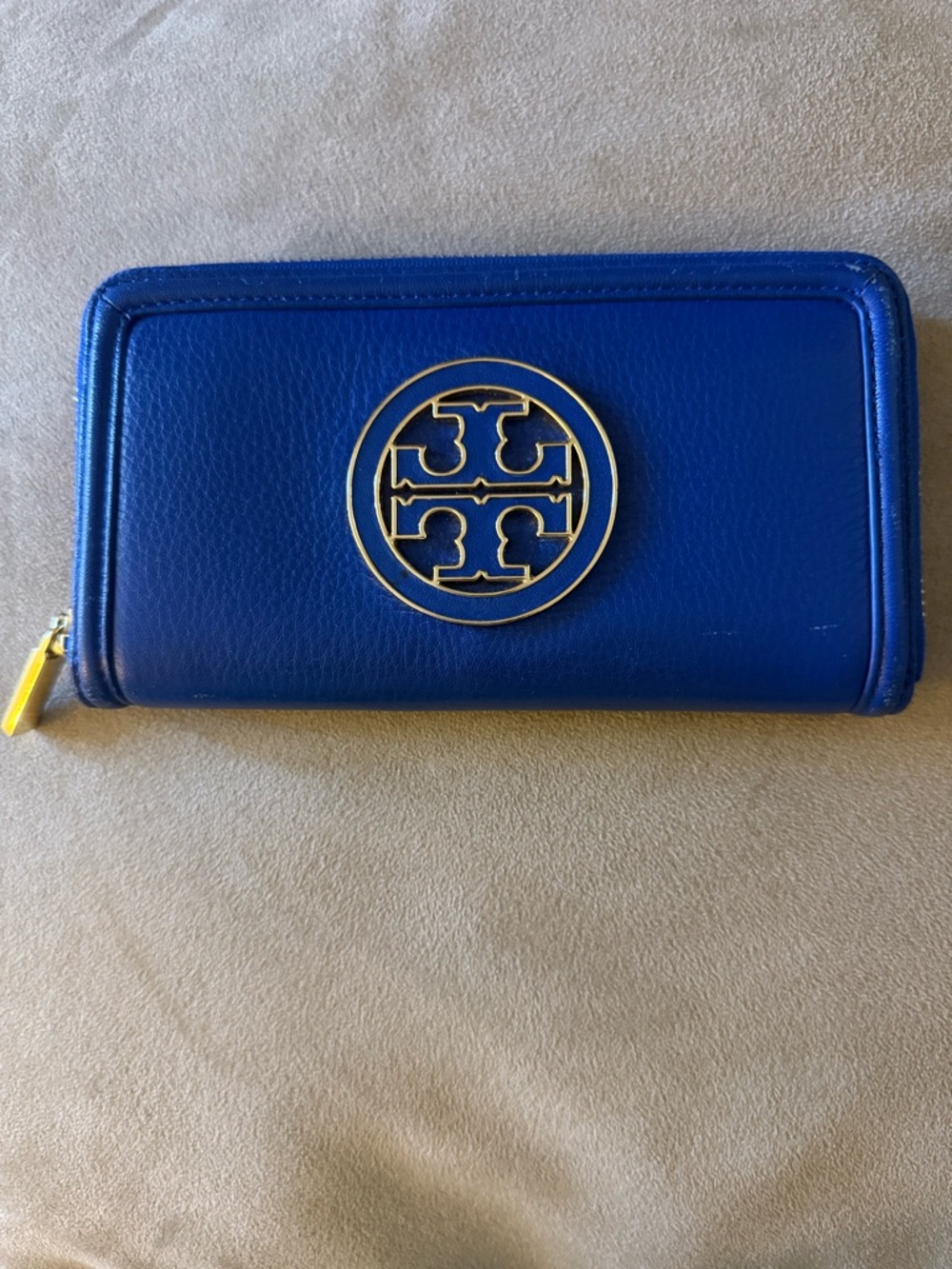 Tory Burch Royal Blue Leather Zip Wallet with Gold Logo